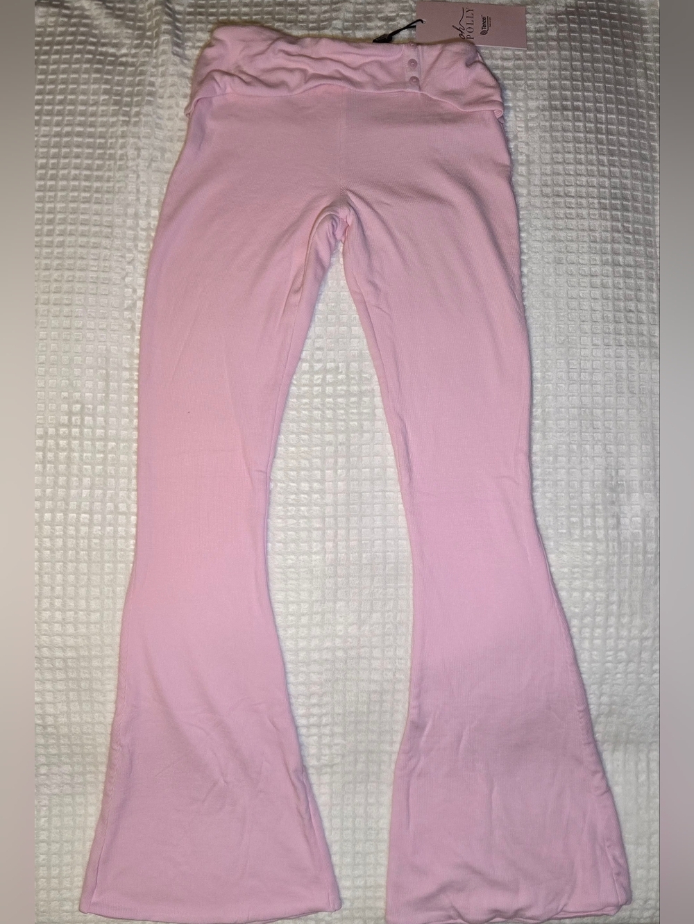Oh Polly Foldover Button Waistband Ribbed Detail Pastel Pink Stretch Pants S NWT